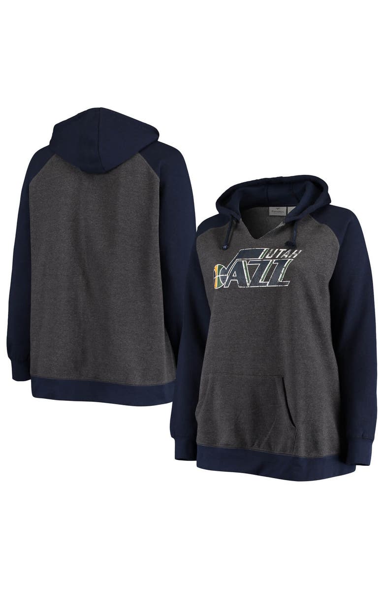 FANATICS Women's Fanatics Branded Charcoal/Navy Utah Jazz Plus Size Raglan Notch Neck Pullover Hoodie, Alternate, color,