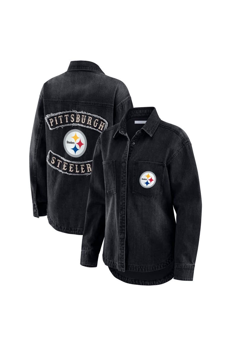 Women's WEAR by Erin Andrews Black Pittsburgh Steelers Washed Oversized Denim Full-Snap Shacket, Alternate, color, Black