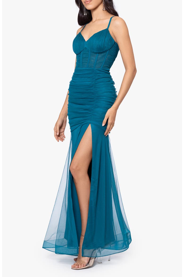 Ruched Corset Mermaid Gown, Alternate, color, TEAL