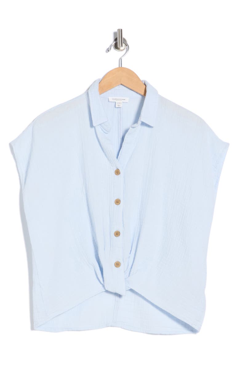 beachlunchlounge Front Tuck Front Button Gauze Shirt, Alternate, color, Peri Cream