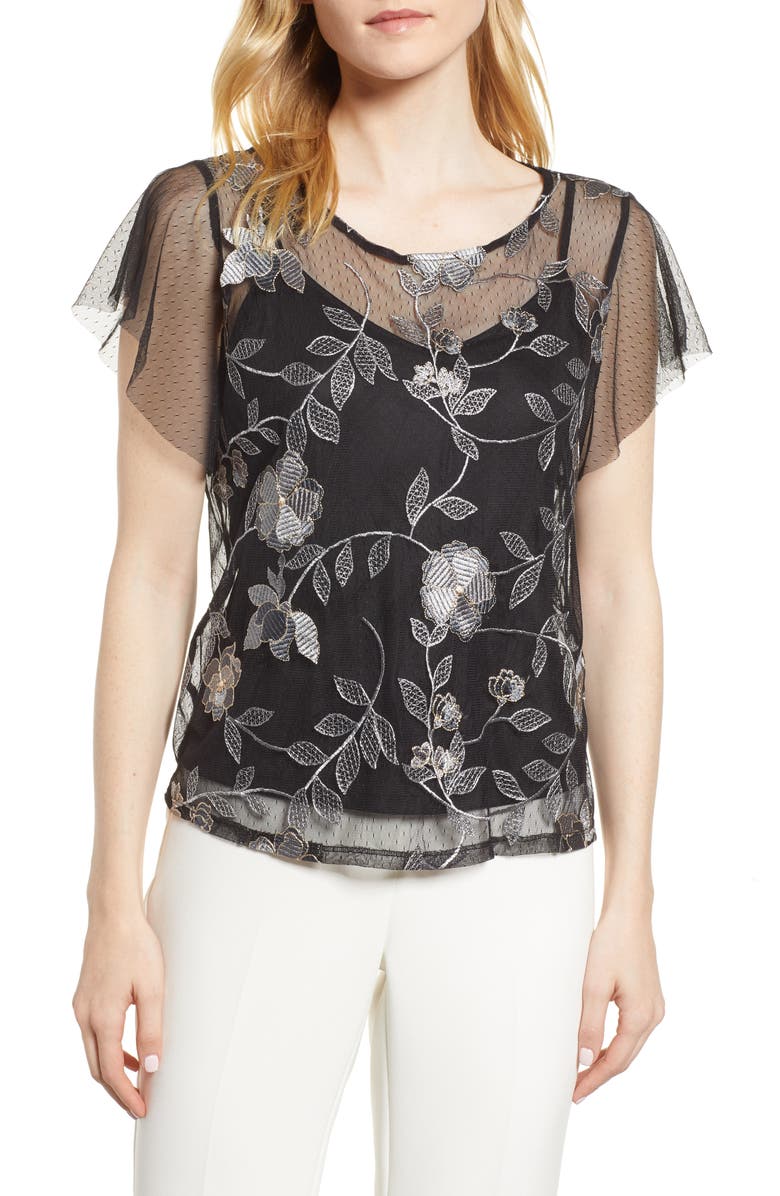 Vince Camuto Embroidered Swiss Dot Blouse, Main, color, 