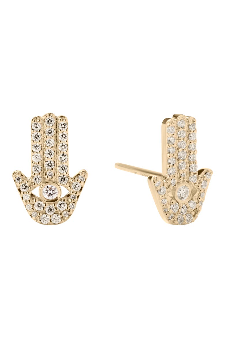 Hamsa 14K Gold Diamond Stud Earrings, Main, color, YELLOW