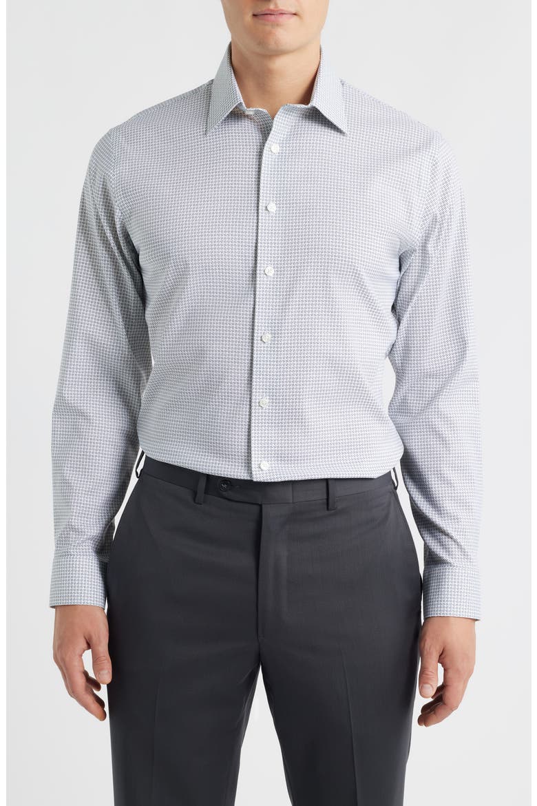 Trim Fit Geometric Print Premium Performance Dress Shirt, Main, color, NAVY- PINK CAYMUS GEO