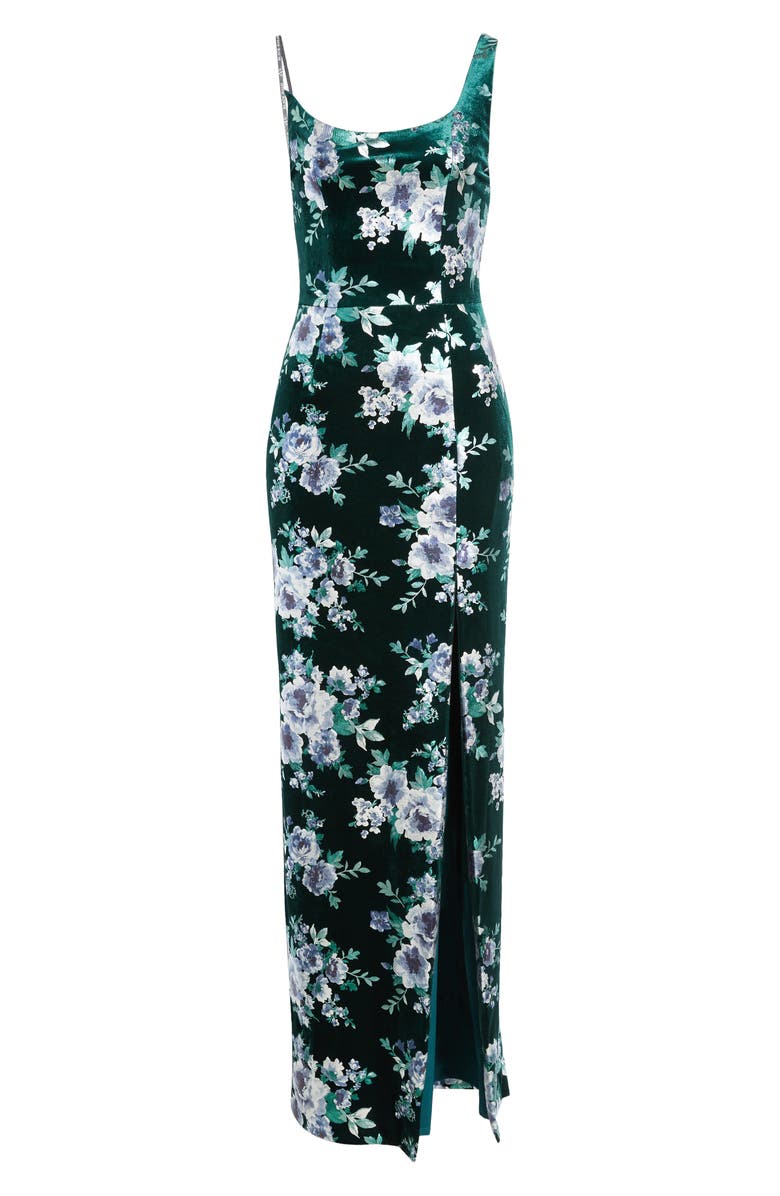 Black Halo Spice Floral One-Shoulder Velvet Sheath Gown, Main, color, 