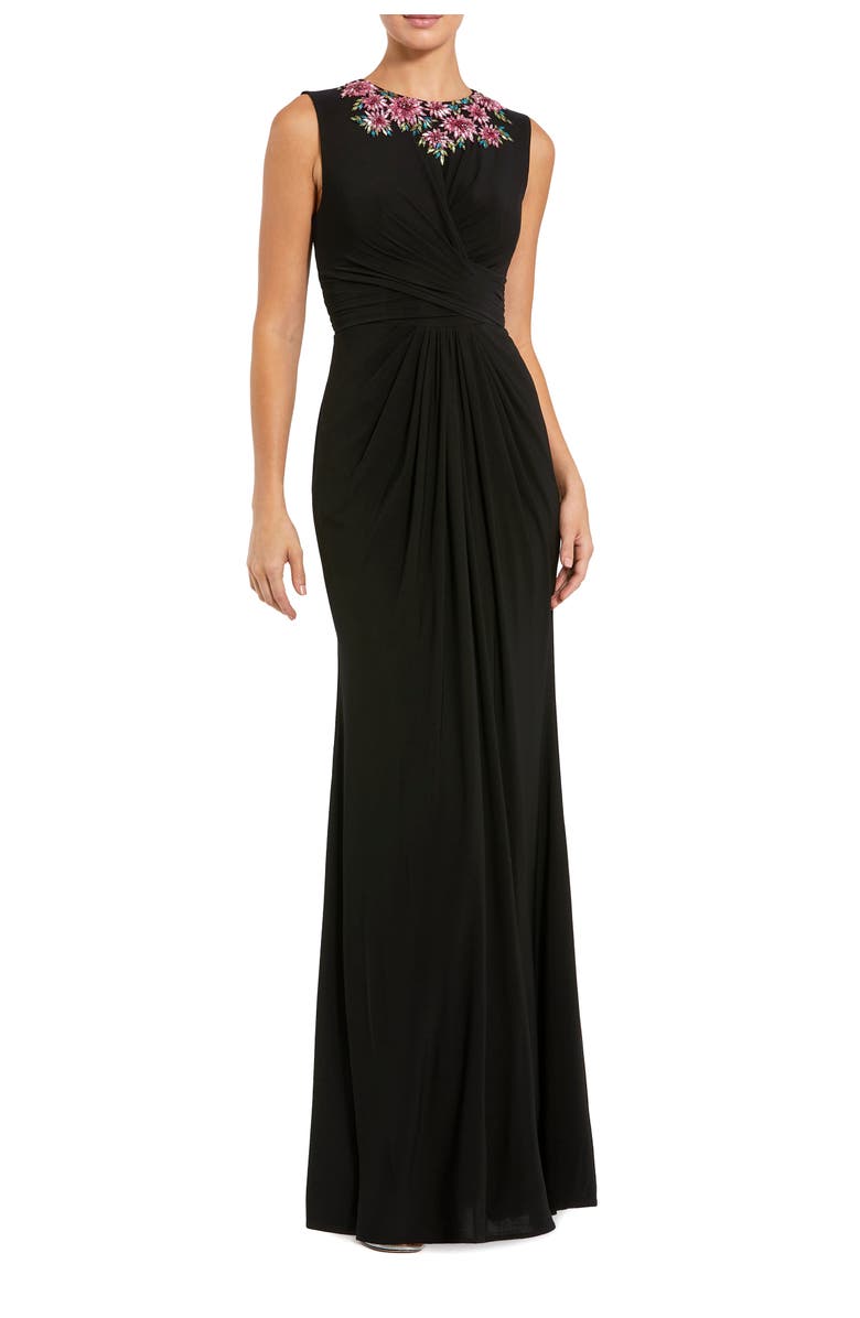 Mac Duggal Jersey Twist Gown With Beaded Shoulders, Main, color, Black Multi