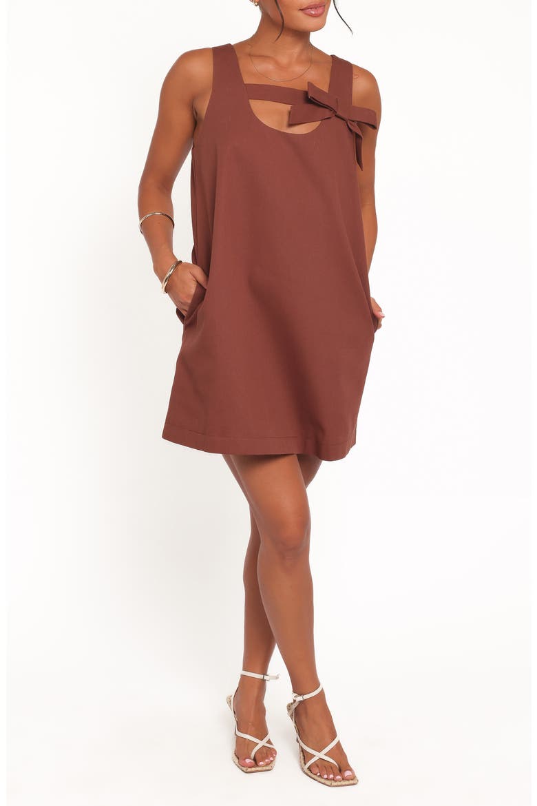 Elyria Bow Cotton Shift Minidress, Main, color, BROWN