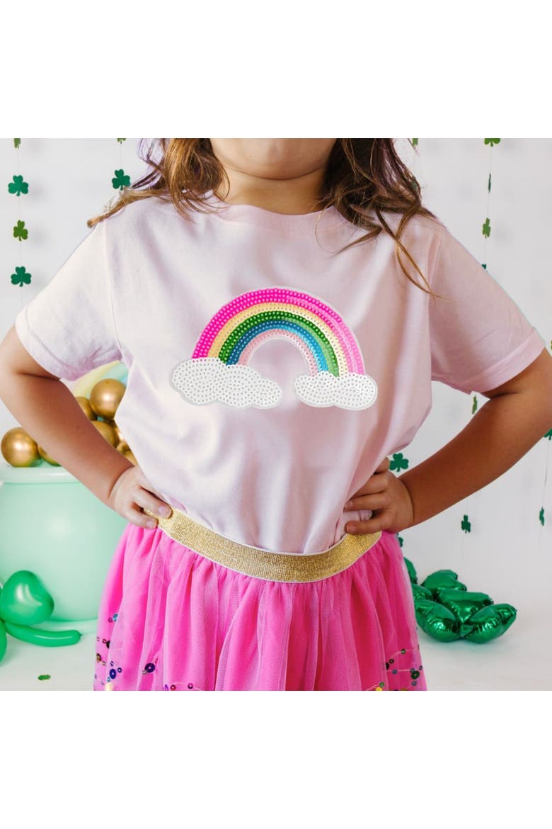 Rainbow Sequin Patch Short Sleeve T-Shirt, Alternate, color, Pink