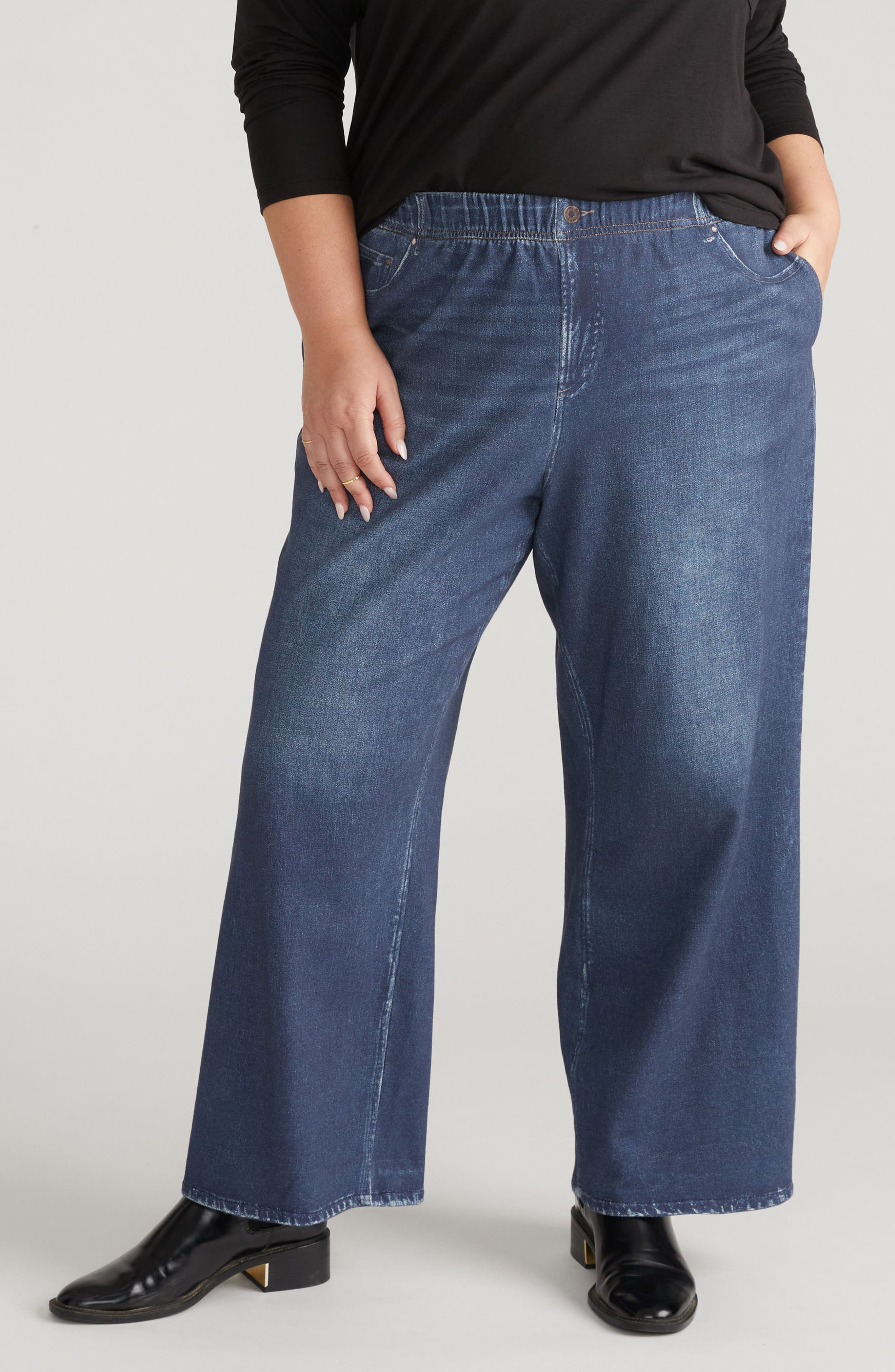 Claude Printed Denim Wide Leg Pull-On Pants