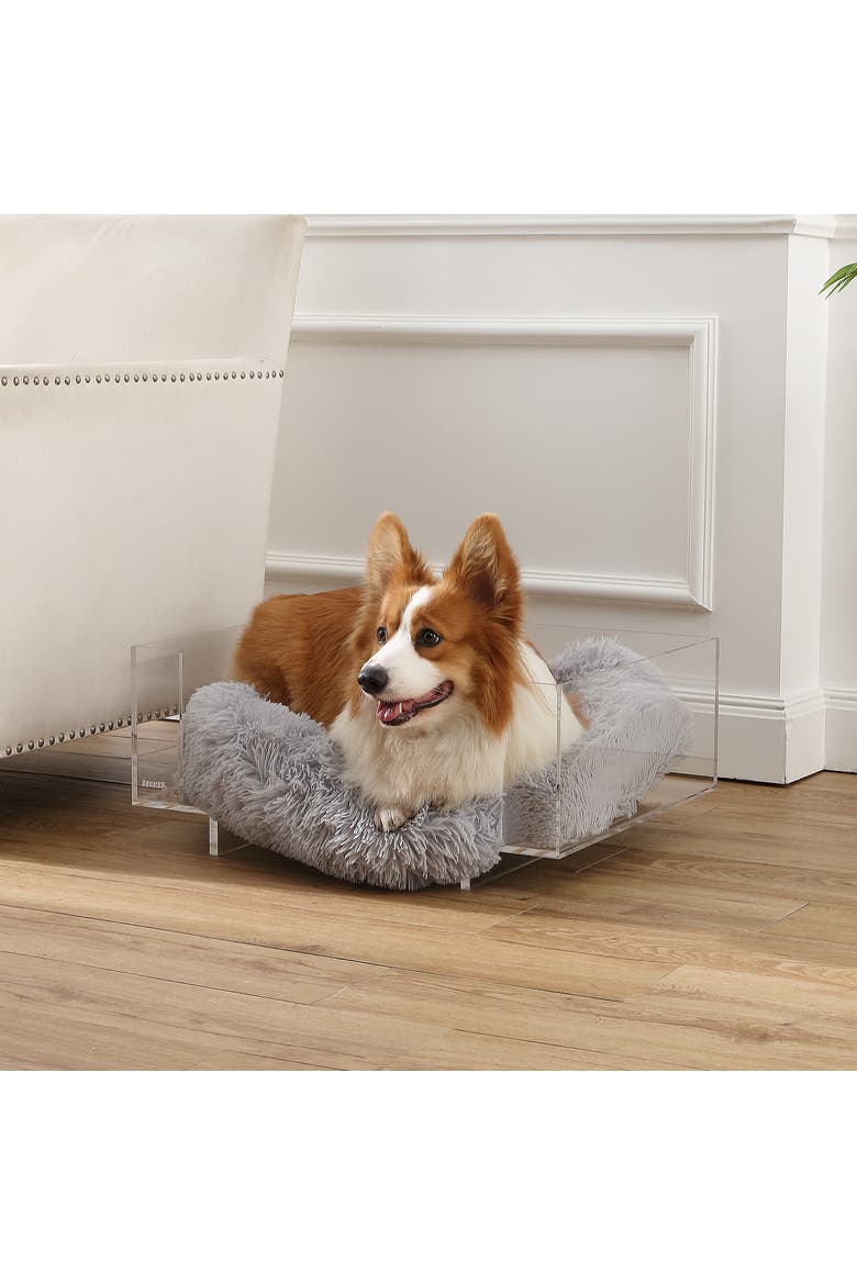 Carole 24" x 18" Small/Medium Modern Lucite Calming Fluffy Pet Bed with Washable Cushion, Alternate, color, Light Gray/Clear