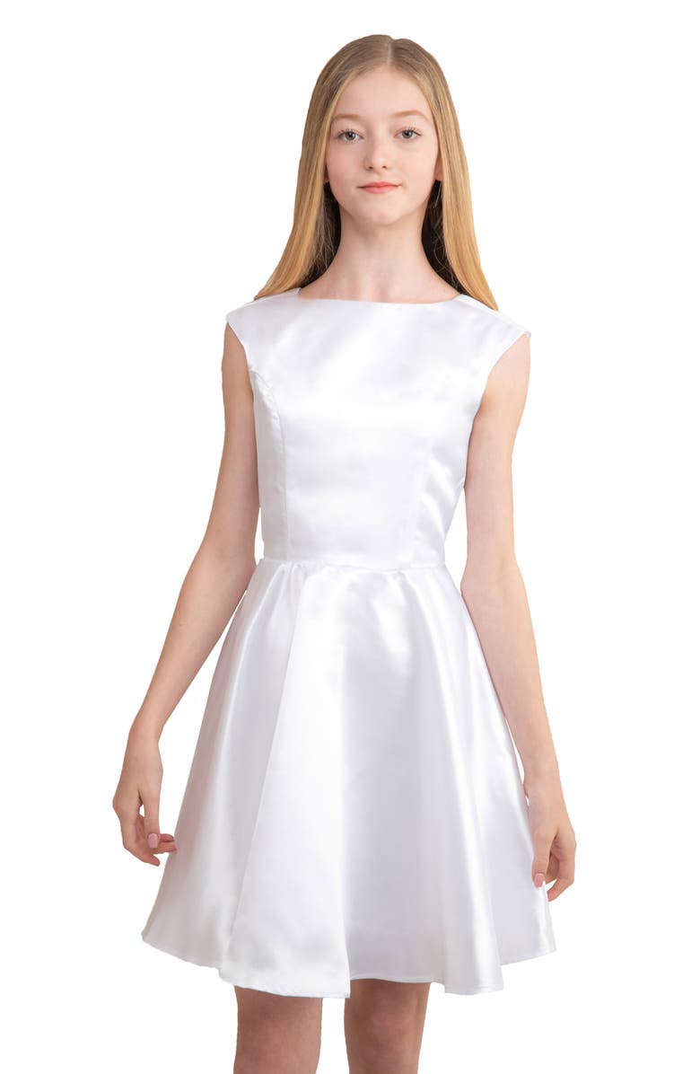 Un Deux Trois Cap Sleeve Boat Neck Dress In Longer Length, Main, color, White Satin