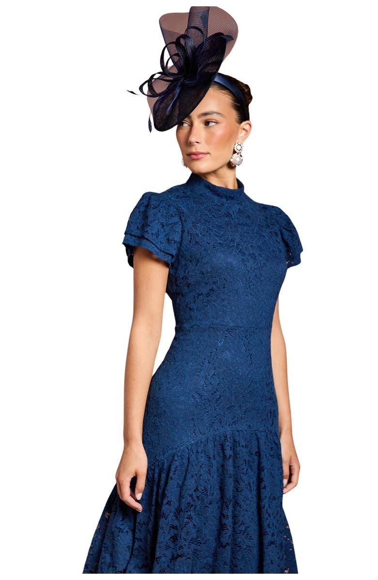 Coast Lace Frill Sleeve High Neck Midi Dress, Alternate, color, Navy