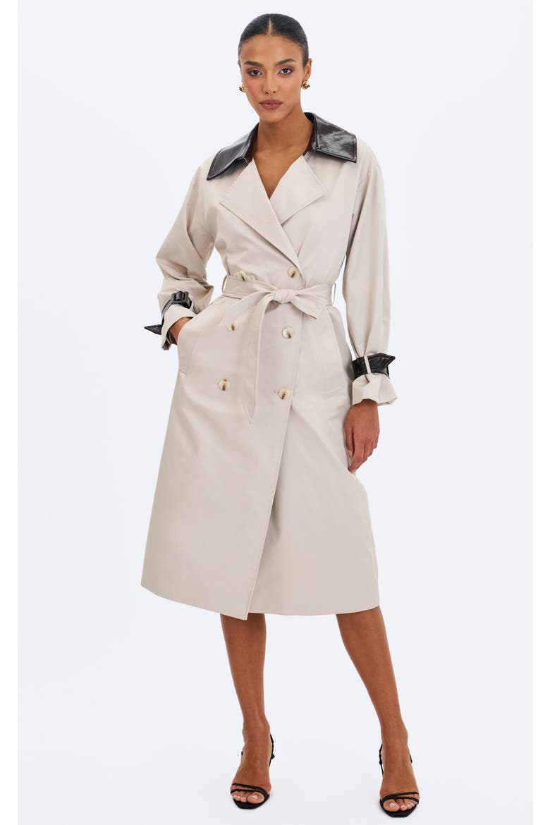 Umber Double-Breasted Faux Leather Lapel Trench Coat, Main, color, Beige