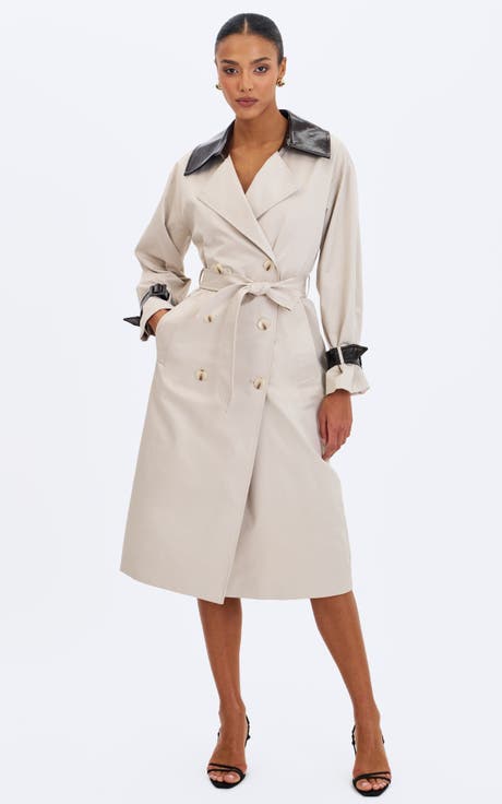 Umber Double-Breasted Faux Leather Lapel Trench Coat