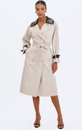 Miss Circle Umber Double-Breasted Faux Leather Lapel Trench Coat