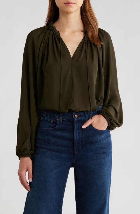 Long-Sleeve Tie-Neck Top