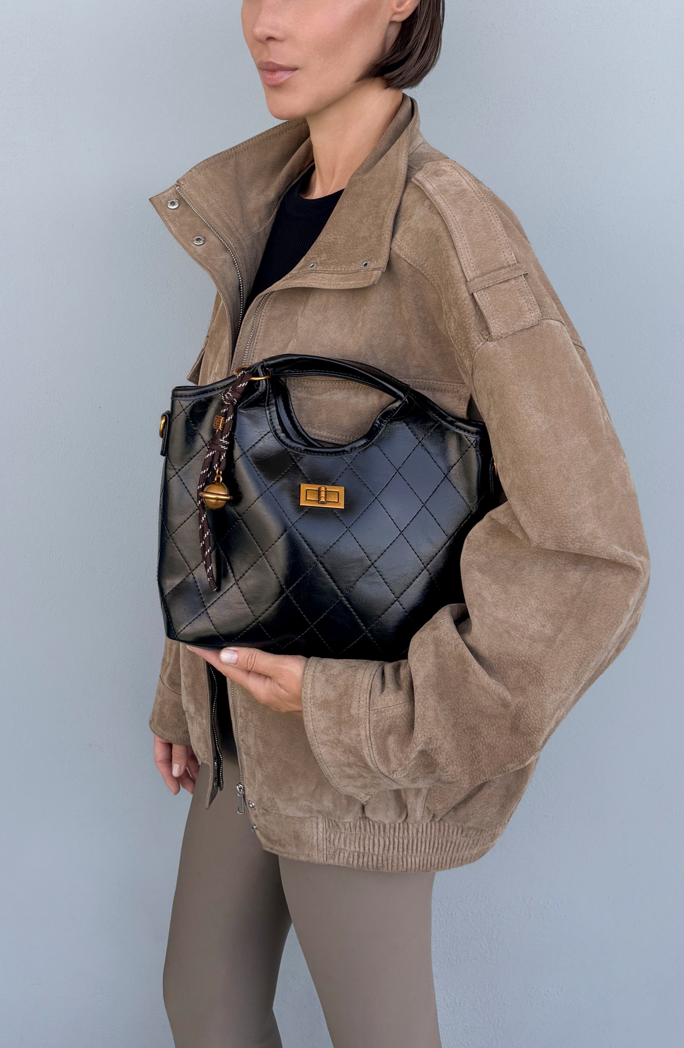 Quilted Faux Leather Top Handle Bag, Alternate, color, BLACK