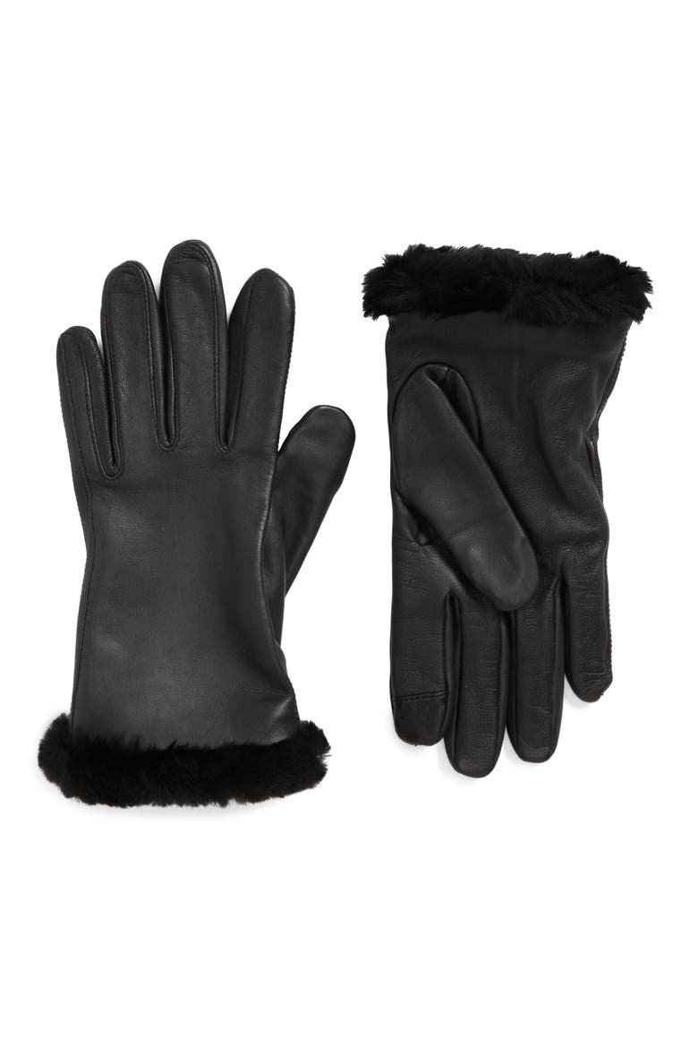 Sheepskin Cuff Leather Gloves, Main, color, BLACK