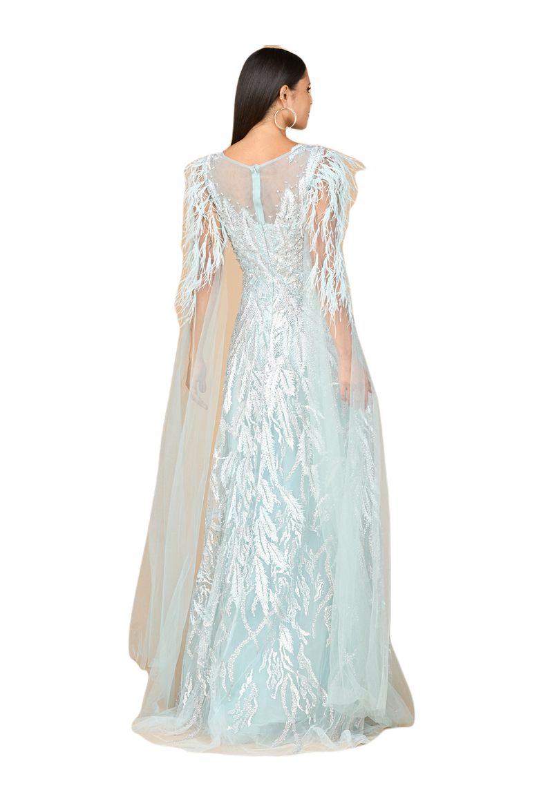 V - Neck Gown with Long Cape Sleeves, Alternate, color, Dusty Blue