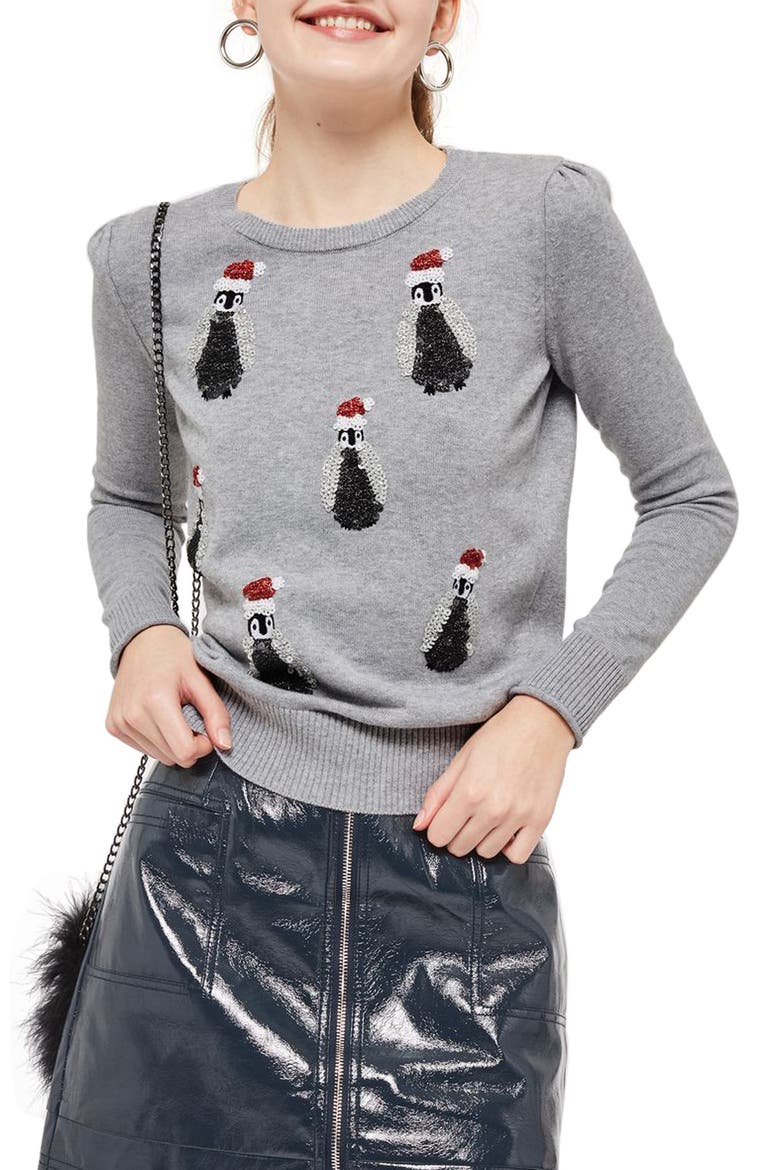 Sequin Penguin Sweater, Main, color, GREY MARL MULTI