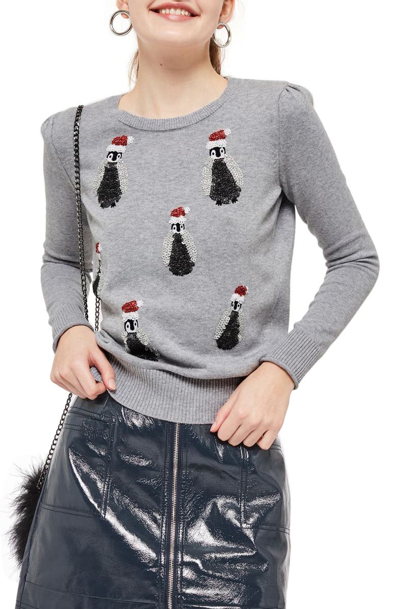 Topshop Sequin Penguin Sweater, Main, color, 