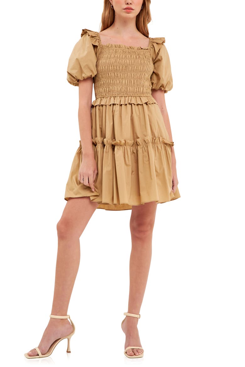 Shirred Puff Sleeve Tiered Cotton Dress, Main, color, TAWNY