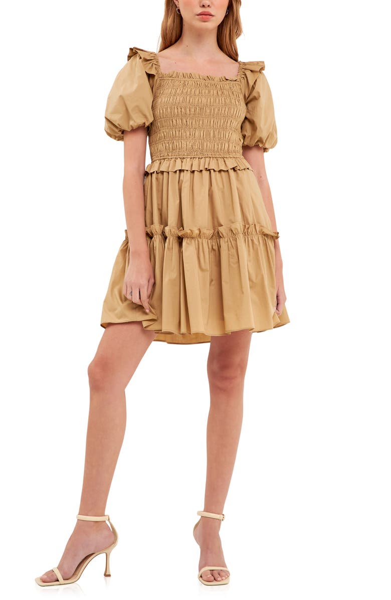 English Factory Shirred Puff Sleeve Tiered Cotton Dress, Main, color, Tawny