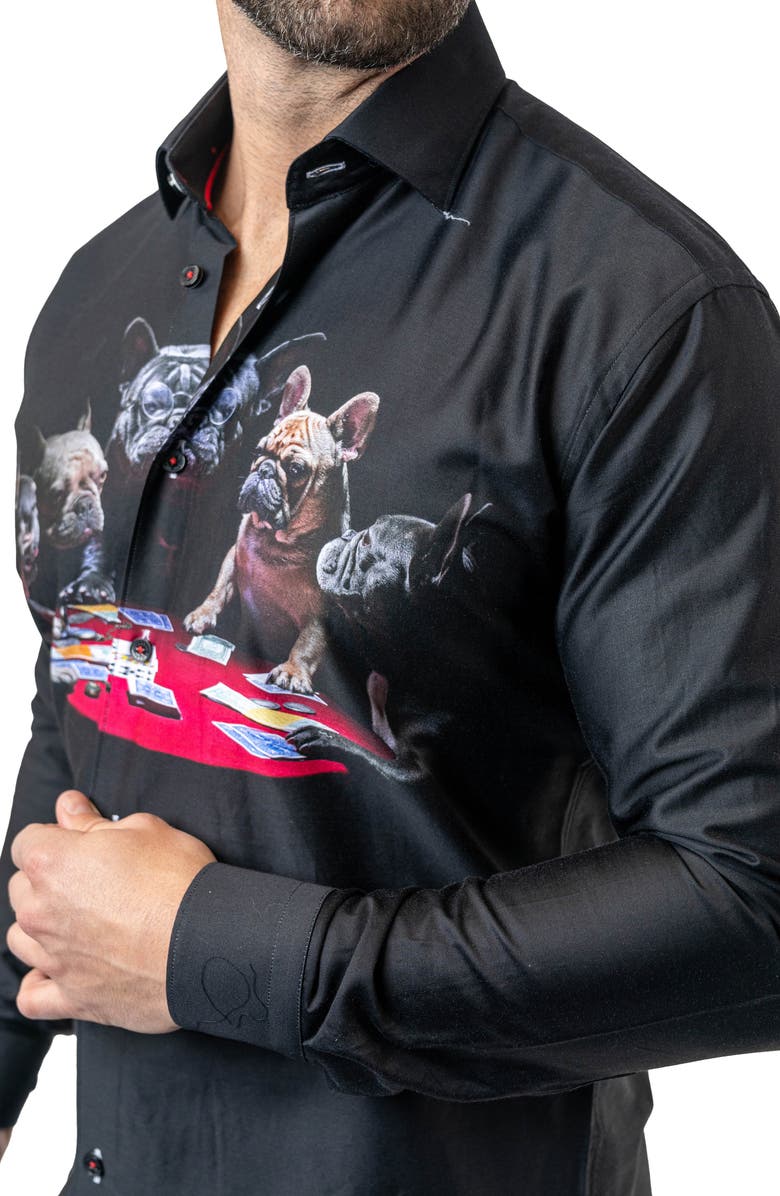 Maceoo Fibonacci Poker Dogs Cotton Button-Up Shirt, Alternate, color, Black