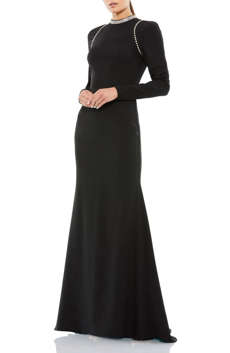 Mac Duggal Raglan Long Sleeve High Neck Gown, Main, color, Black