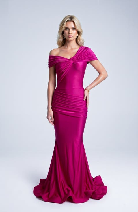 One Shoulder Twist Ruched Mermaid Evening Gown