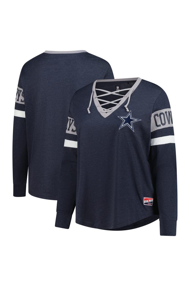 Women's New Era Navy Dallas Cowboys Plus Size Throwback Lace-Up Long Sleeve T-Shirt, Main, color, Navy