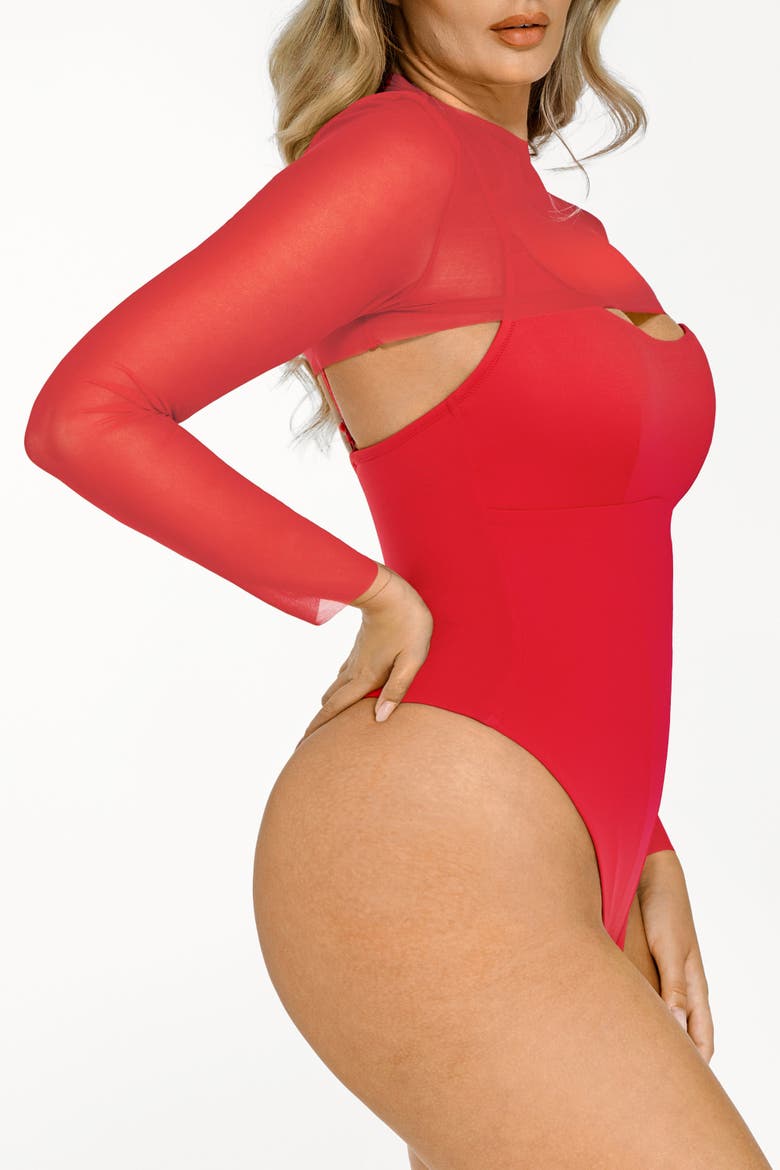 Sheer Shapewear Mesh Cutout Corset Bodysuit 2-Piece Set, Alternate, color, Poppy Red