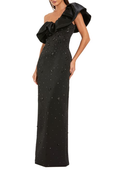 One Shoulder Crepe Crystal Embellished Gown