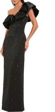 Mac Duggal One Shoulder Crepe Crystal Embellished Gown