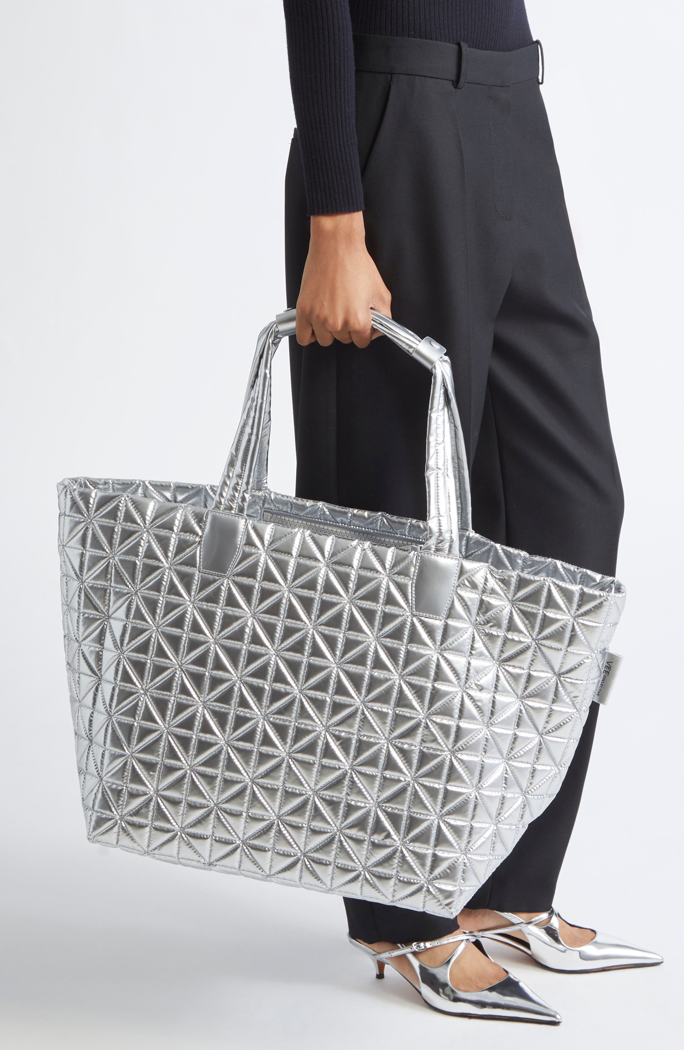 VeeCollective Vee Weekender Water Resistant Quilted Recycled Nylon Tote, Alternate, color, Chrome Metallic Chromm