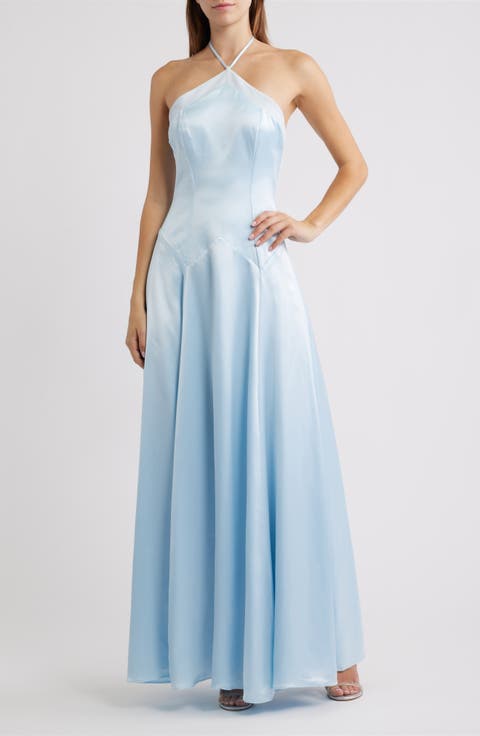 Avelina Halter Neck Godet Satin Maxi Gown