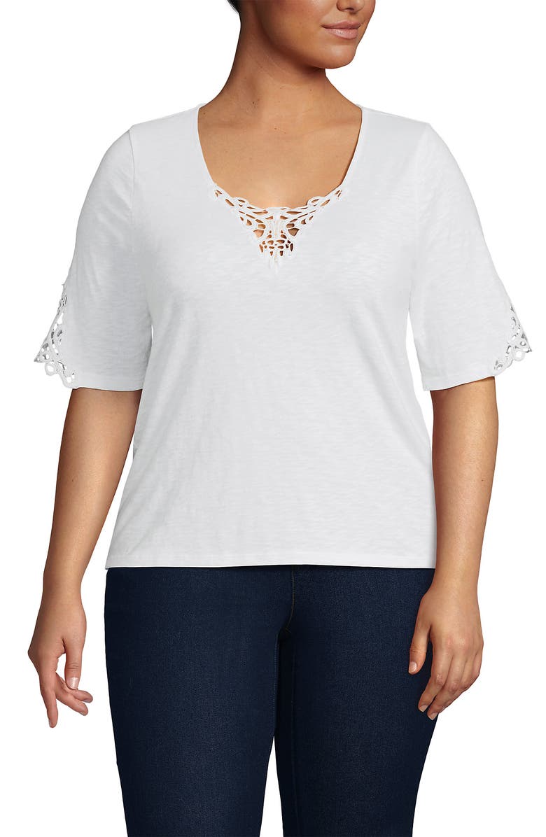 Lands' End Elbow Sleeve Slub Lace Trim T-Shirt, Alternate, color, 