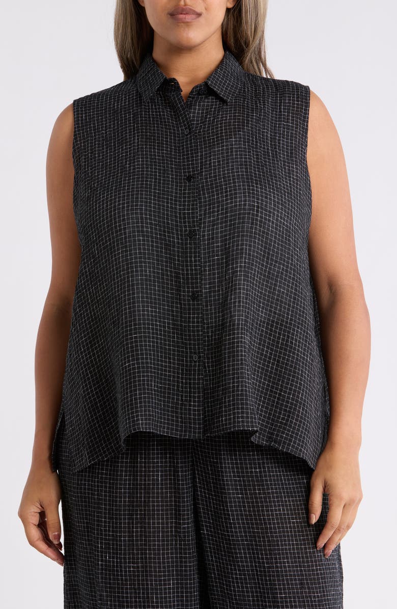 Eileen Fisher Grid Sleeveless Button-Up Shirt, Alternate, color, Black/ White