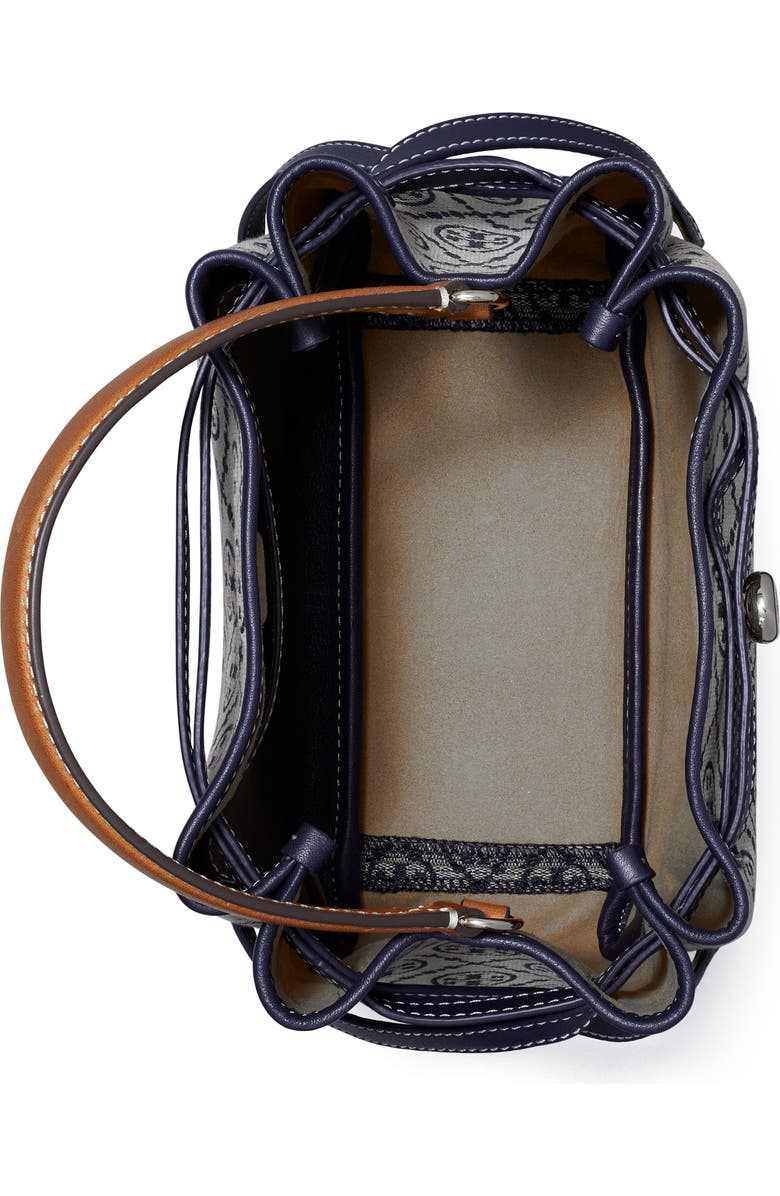 Tory Burch Romy T Monogram Jacquard & Leather Bucket Bag, Alternate, color, Tory Navy