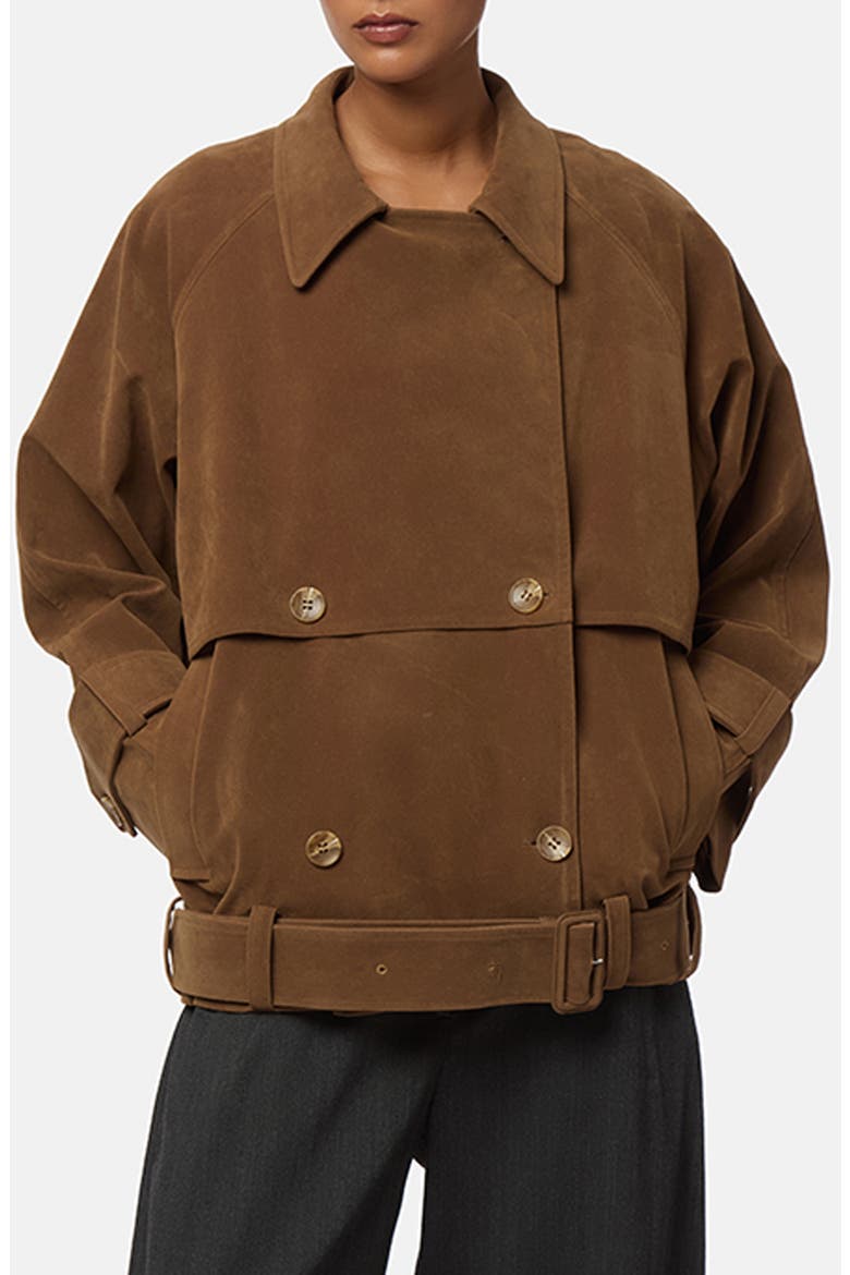 Gaia Faux Suede Short Trench Coat, Main, color, SADDLE BROWN