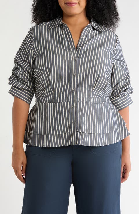 Double Peplum Striped Button-Down Top