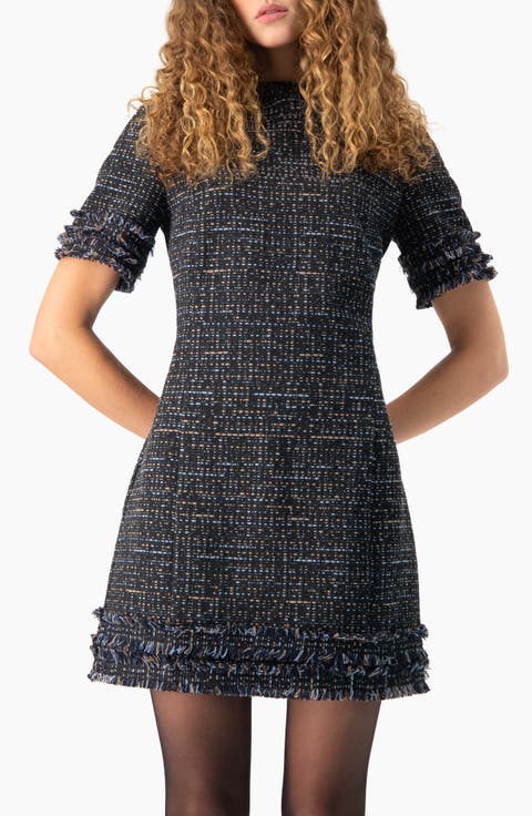 Tweed Sheath Dress with Fringe Details