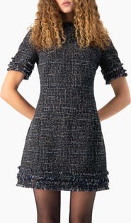 IVONNE Tweed Sheath Dress with Fringe Details