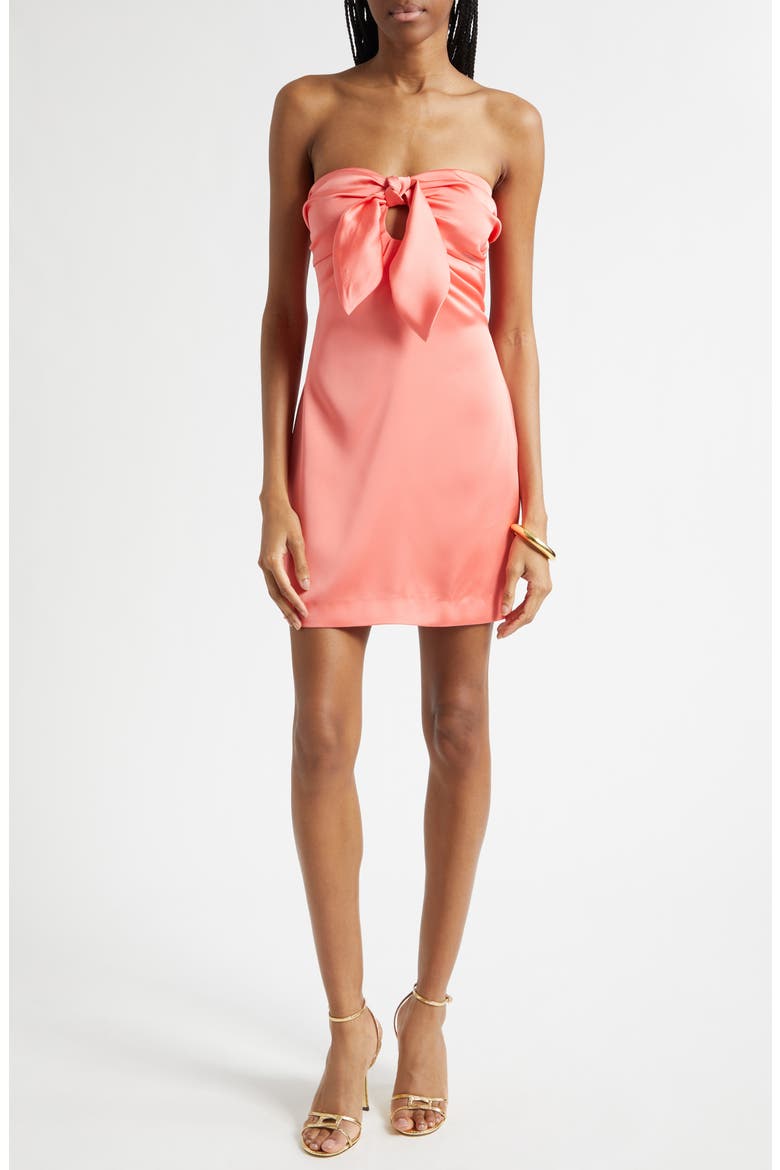 orion strapless tie front satin mini dress Orion Strapless Mini Dress in dream blue