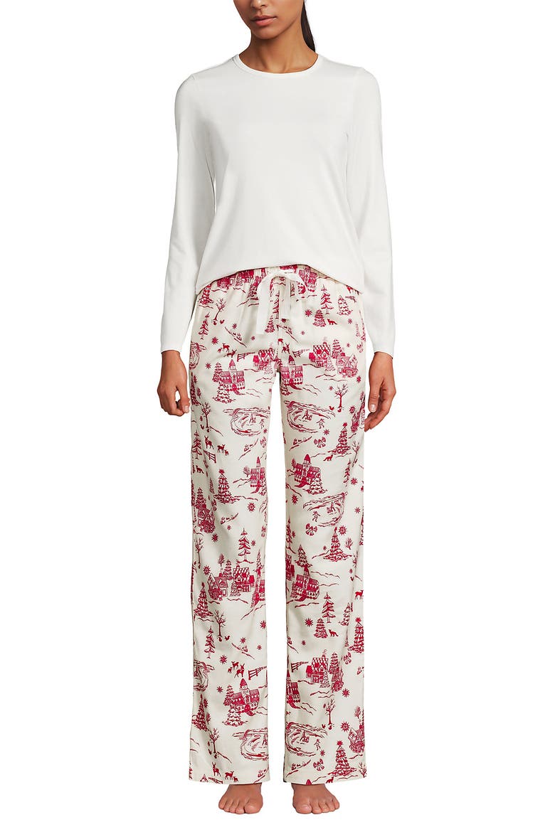 Pajama Set Knit Long Sleeve T-Shirt and Flannel Pants, Main, color, Ivory/Red Winter Village