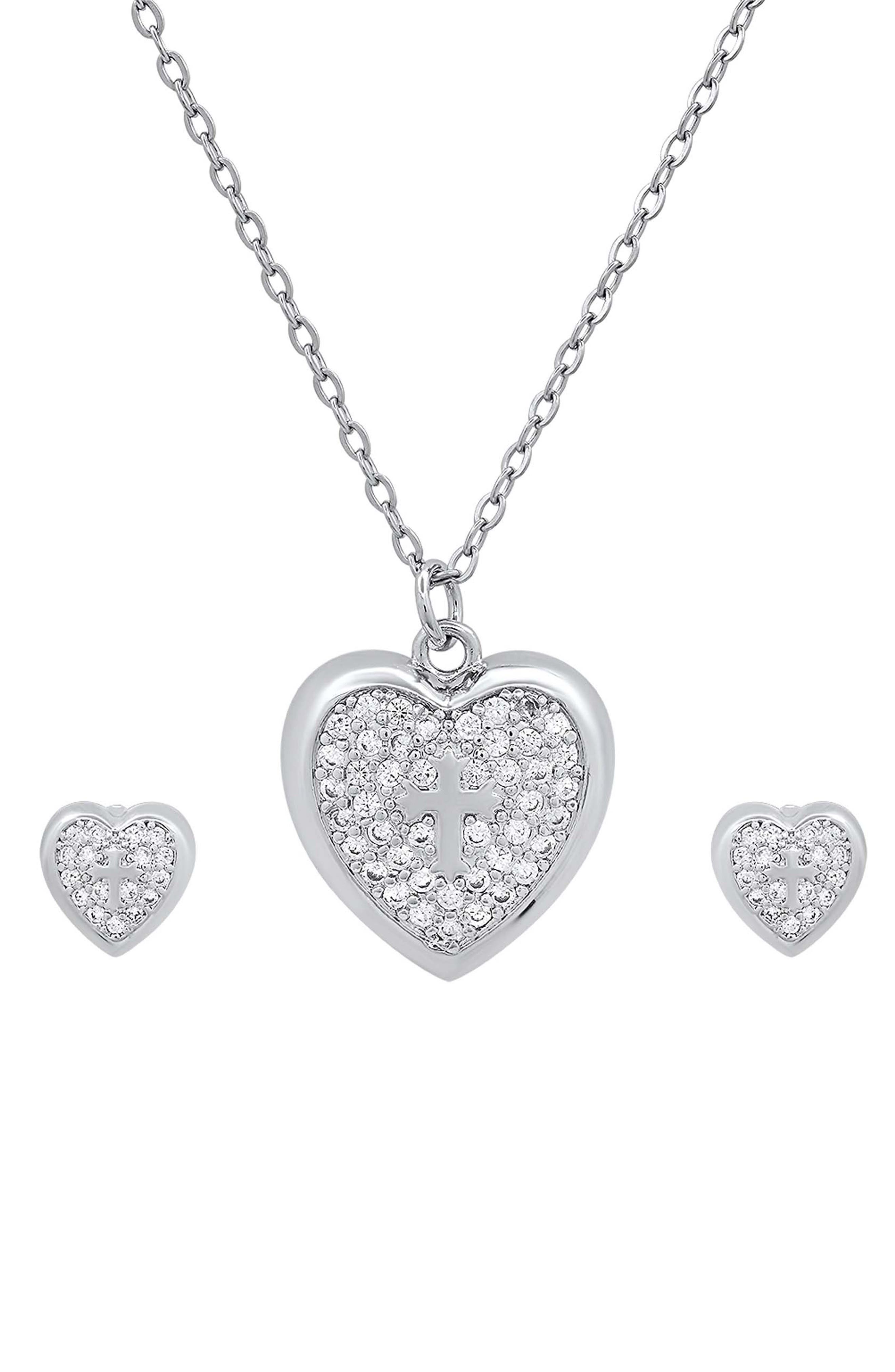 18k White Gold Plated Heart & Cross Necklace & Earrings Set