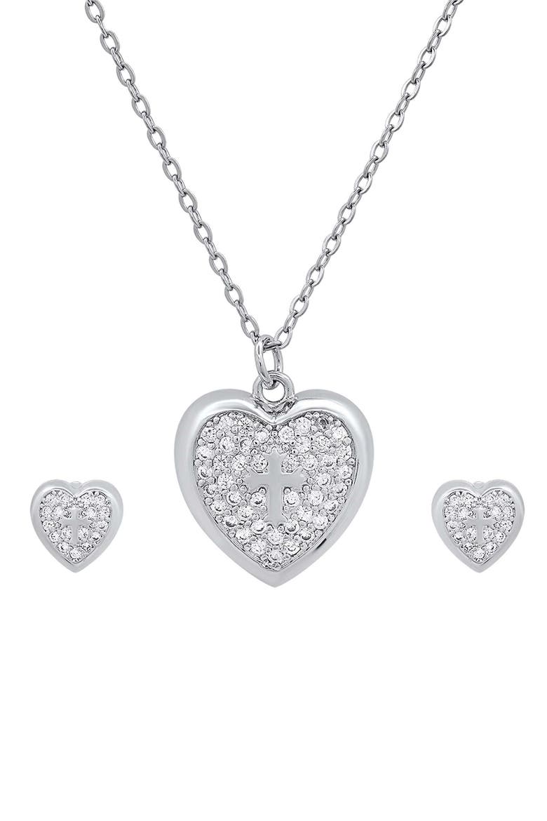 18k White Gold Plated Heart & Cross Necklace & Earrings Set, Main, color, SILVER