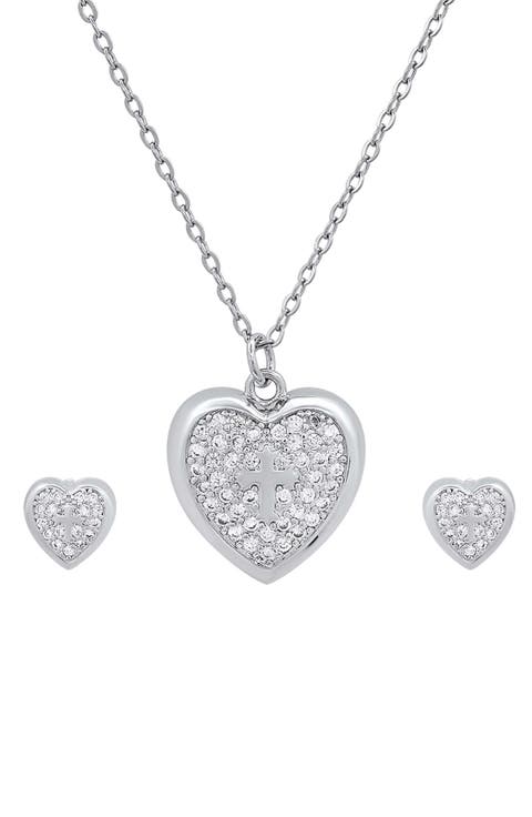 18k White Gold Plated Heart & Cross Necklace & Earrings Set