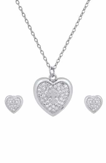 18k White Gold Plated Heart & Cross Necklace & Earrings Set