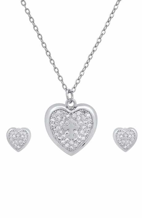 18k White Gold Plated Heart & Cross Necklace & Earrings Set