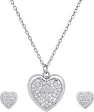 STEELTIME 18k White Gold Plated Heart & Cross Necklace & Earrings Set